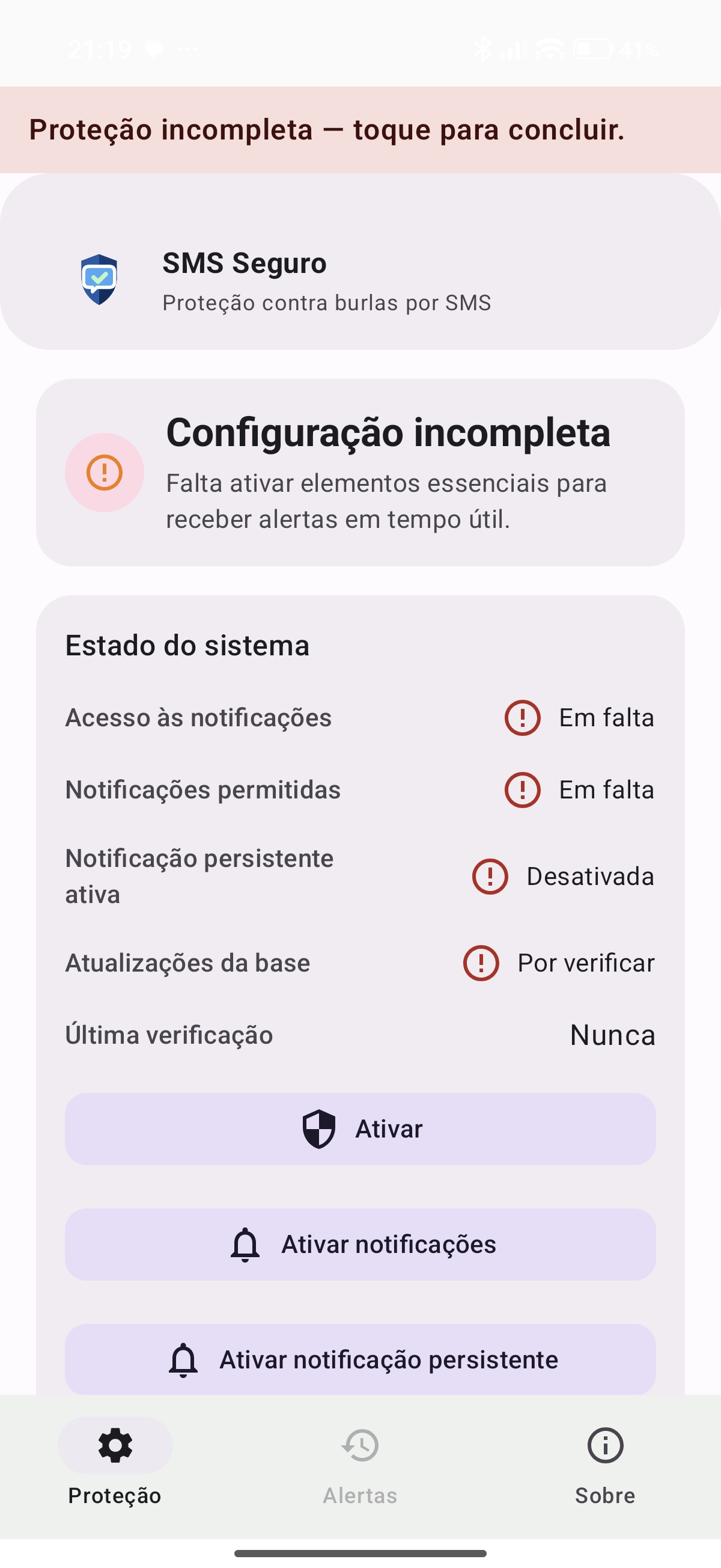 Ecrã da app com proteção incompleta e botão Ativar