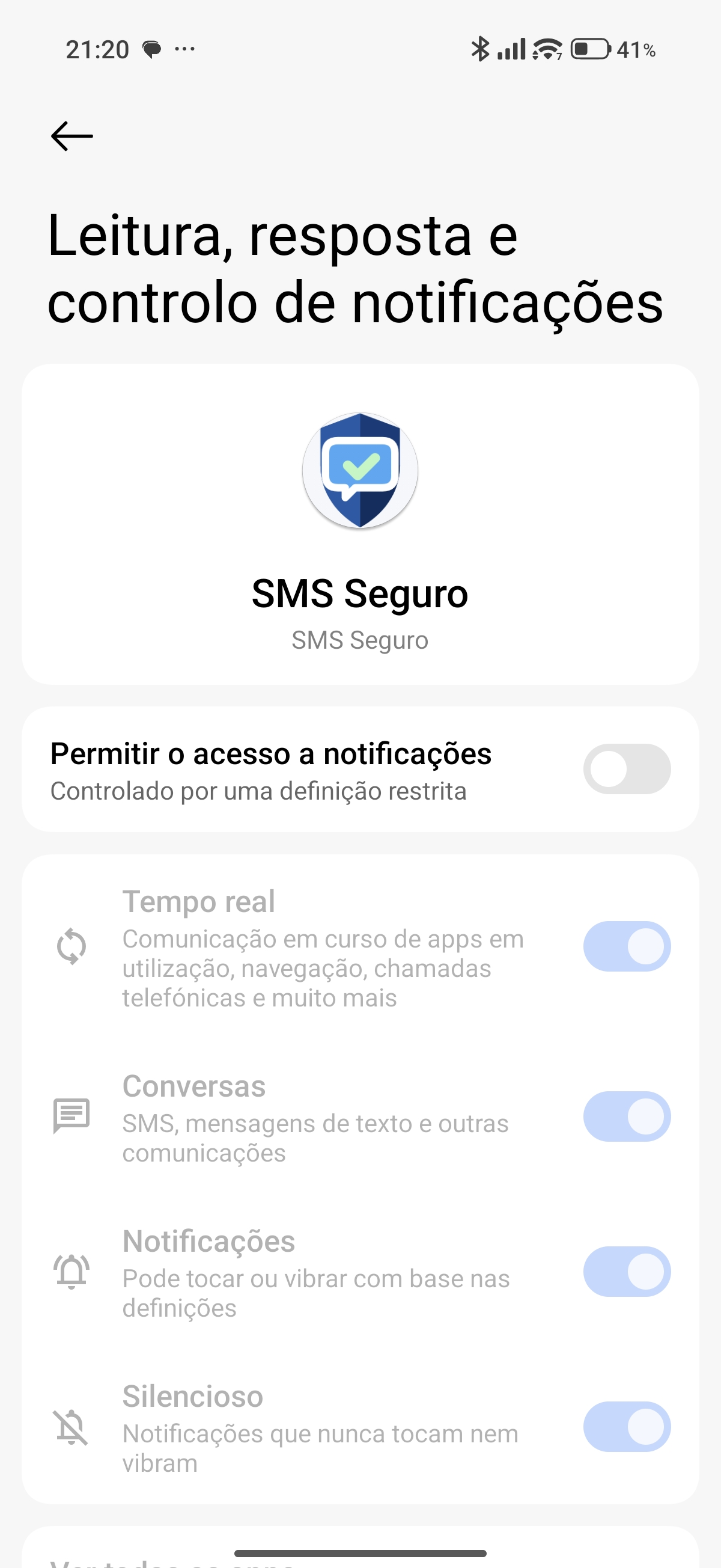 Detalhe do SMS Seguro no ecrã de leitura e controlo de notificações