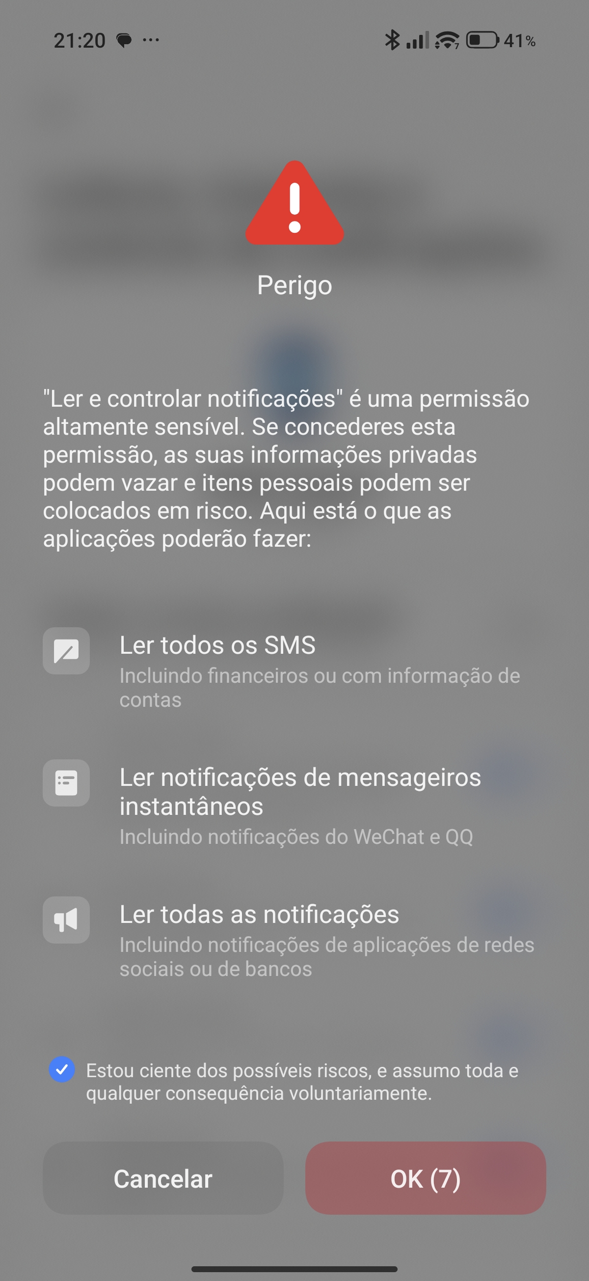 Aviso Perigo da Xiaomi antes de confirmar o acesso às notificações