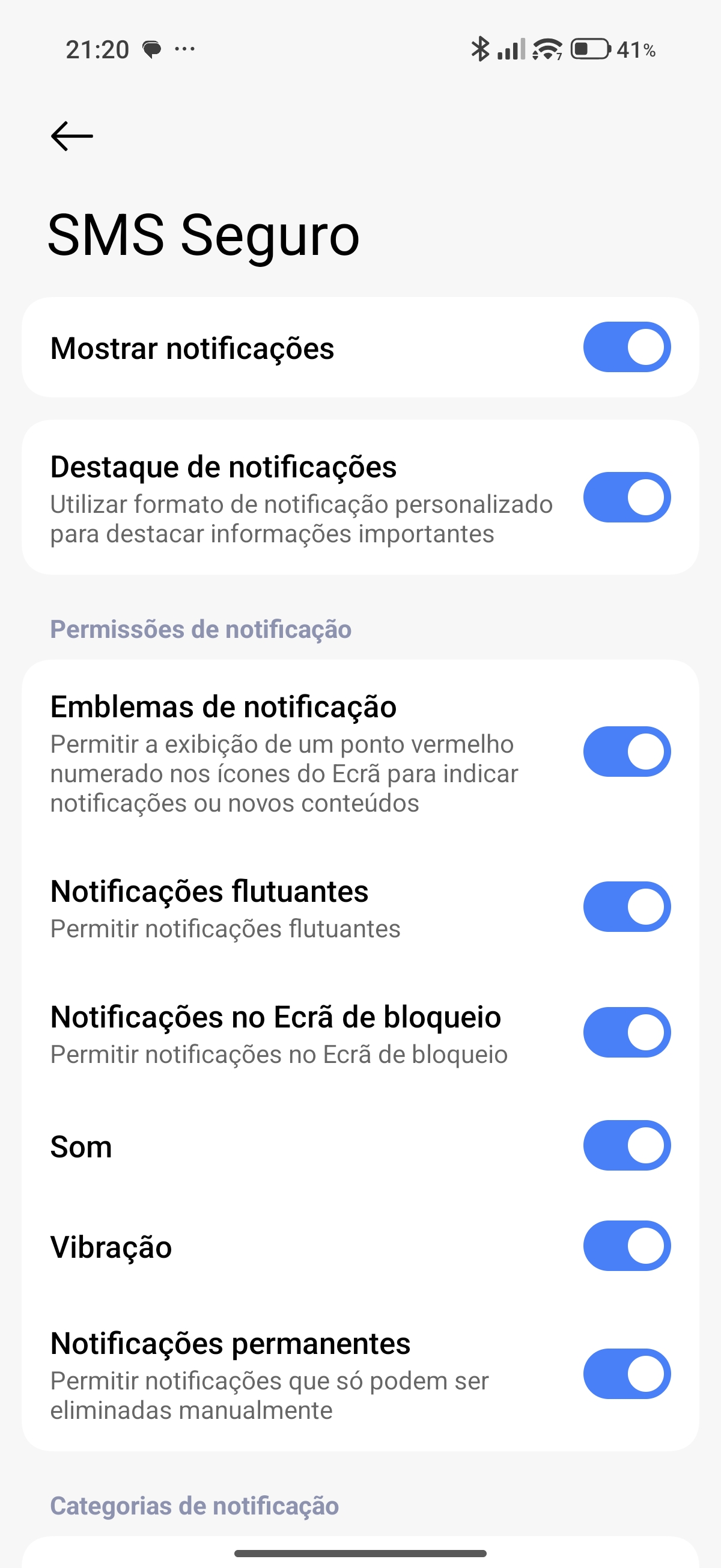 Definições de notificações da app SMS Seguro