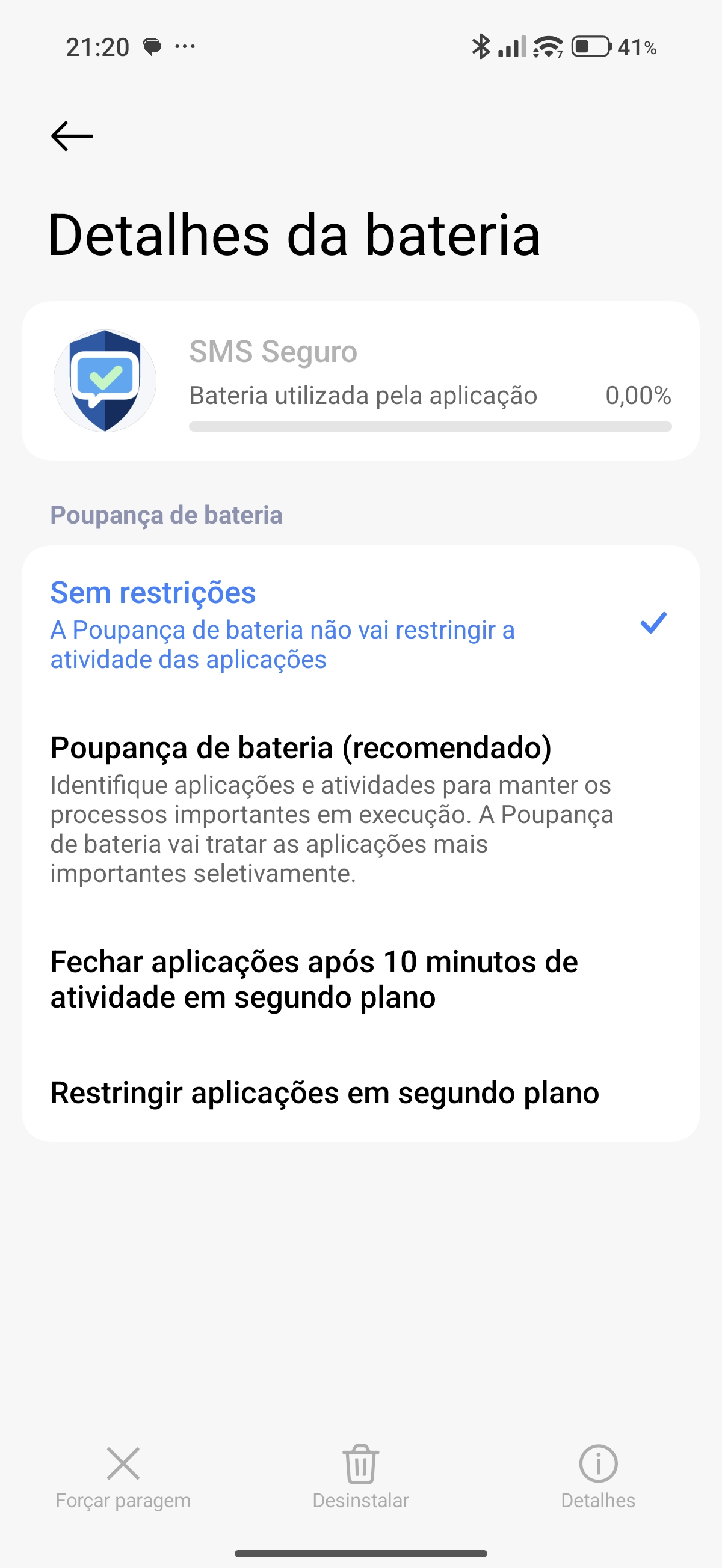 Detalhes da bateria do SMS Seguro com a opção Sem restrições ativa
