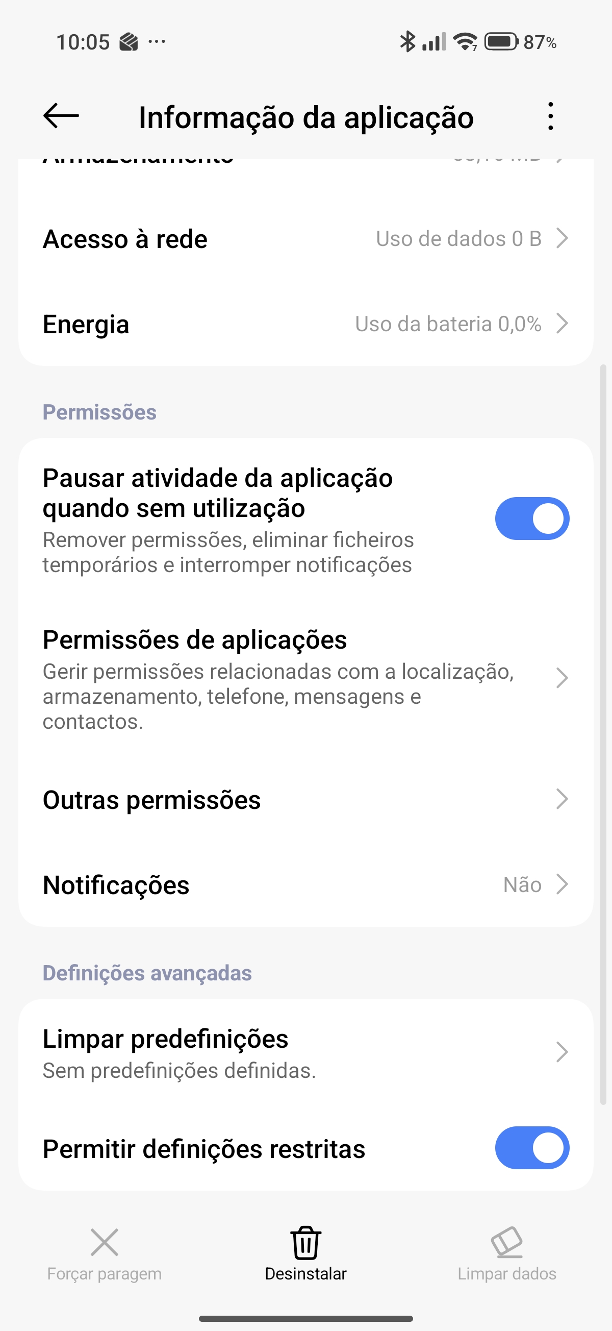 Informação da aplicação com Permitir definições restritas ativo